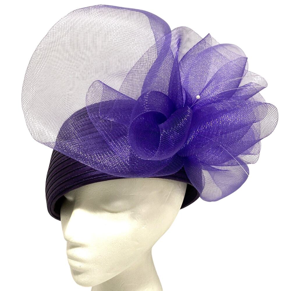 Deep Purple pillbox hat with statement netting bow & faux pearl beads details